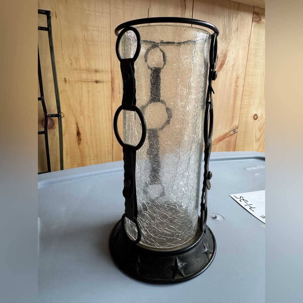 Rustic Crackled Glass Vase or Lantern with Black Metal Frame